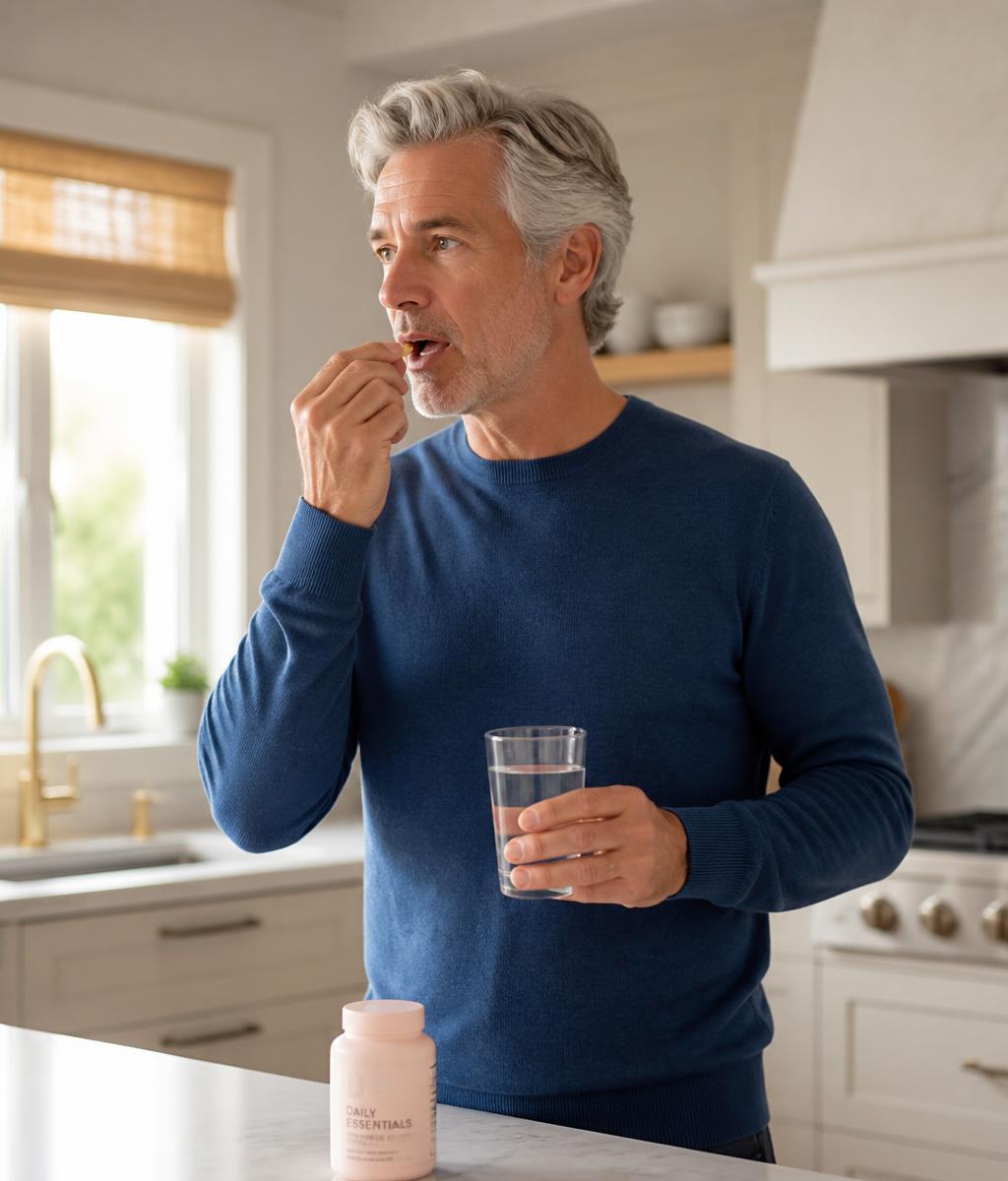 Customer taking a CellTox capsule in his kitchen